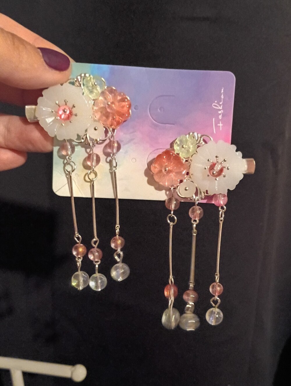 Floral Dangle Hair Clips with Pink and Peach Beads